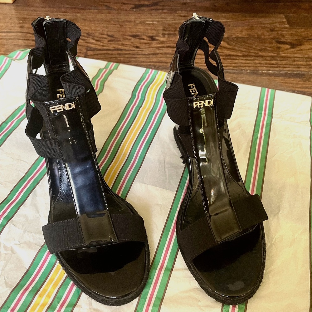 Fendi Black Patent Leather Wedge Sandals